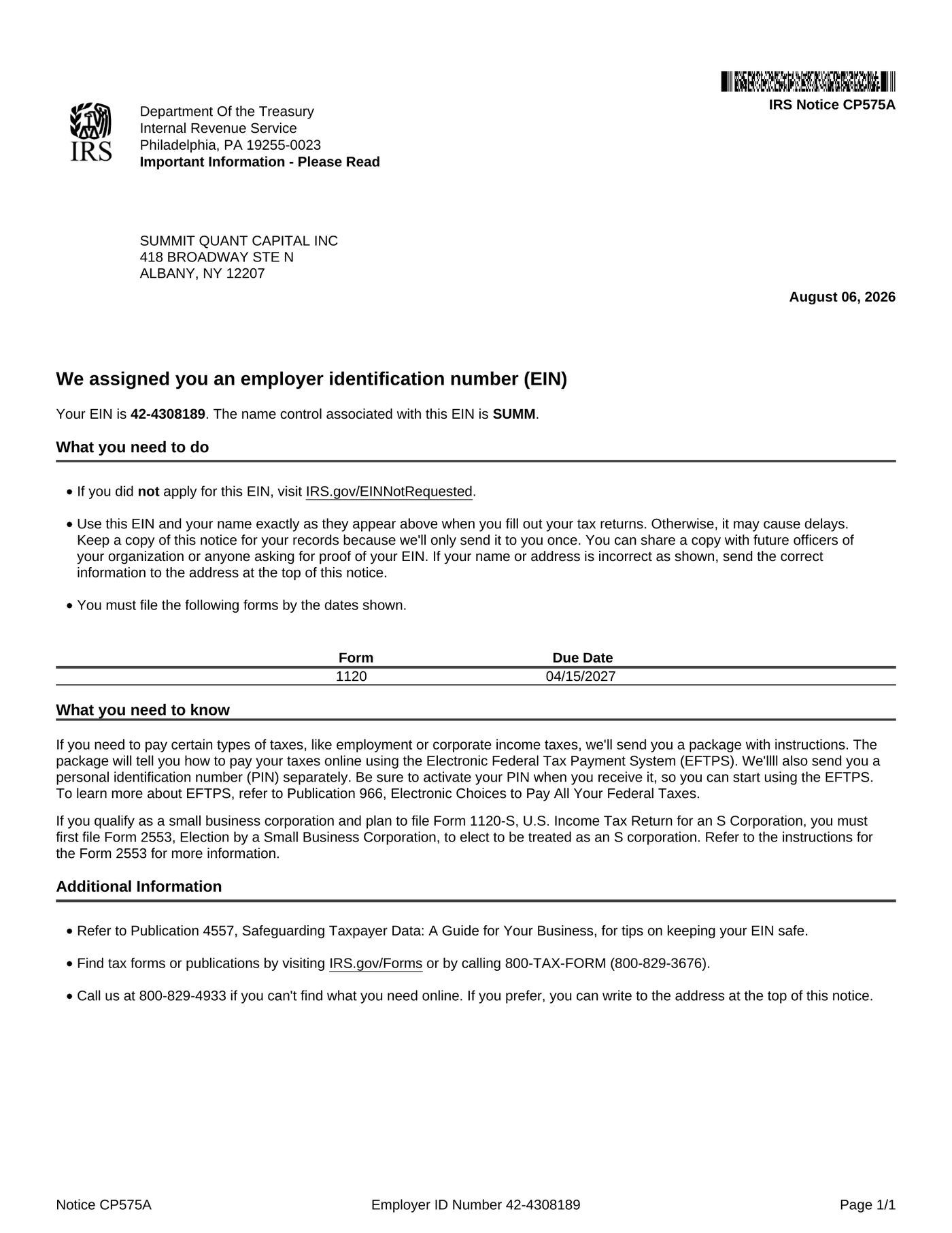 Employer Identification Number (EIN) &mdash; IRS CP575 - Page 1